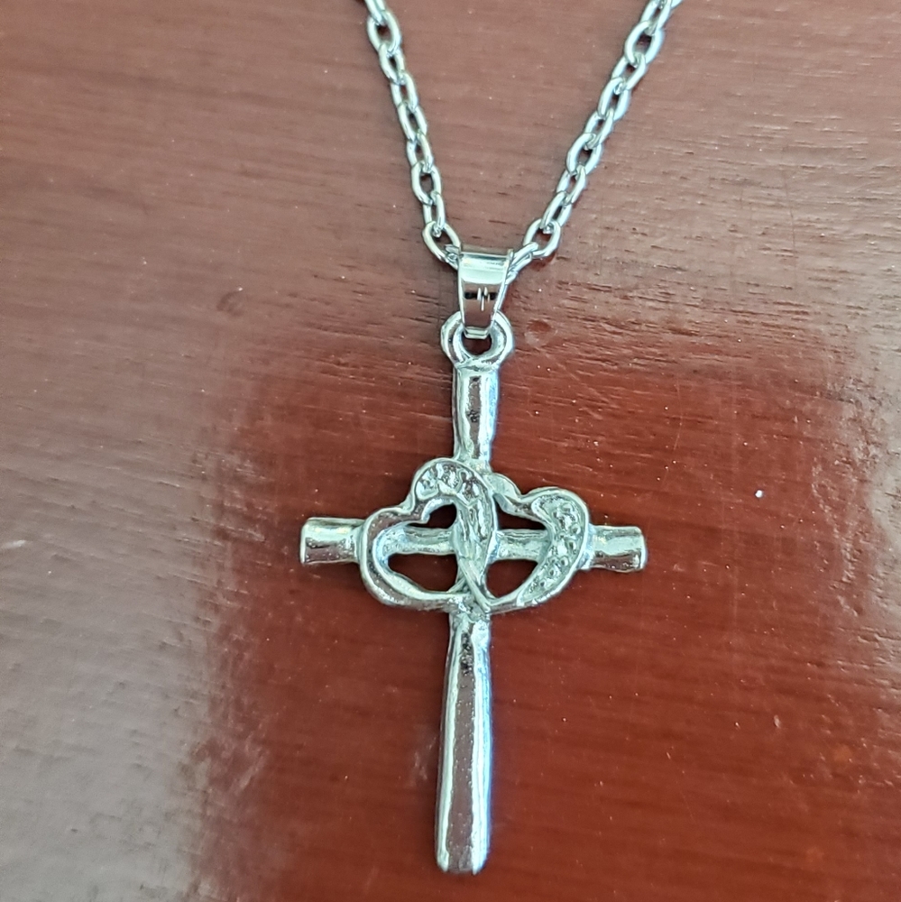 Silver plated cross hearts necklace